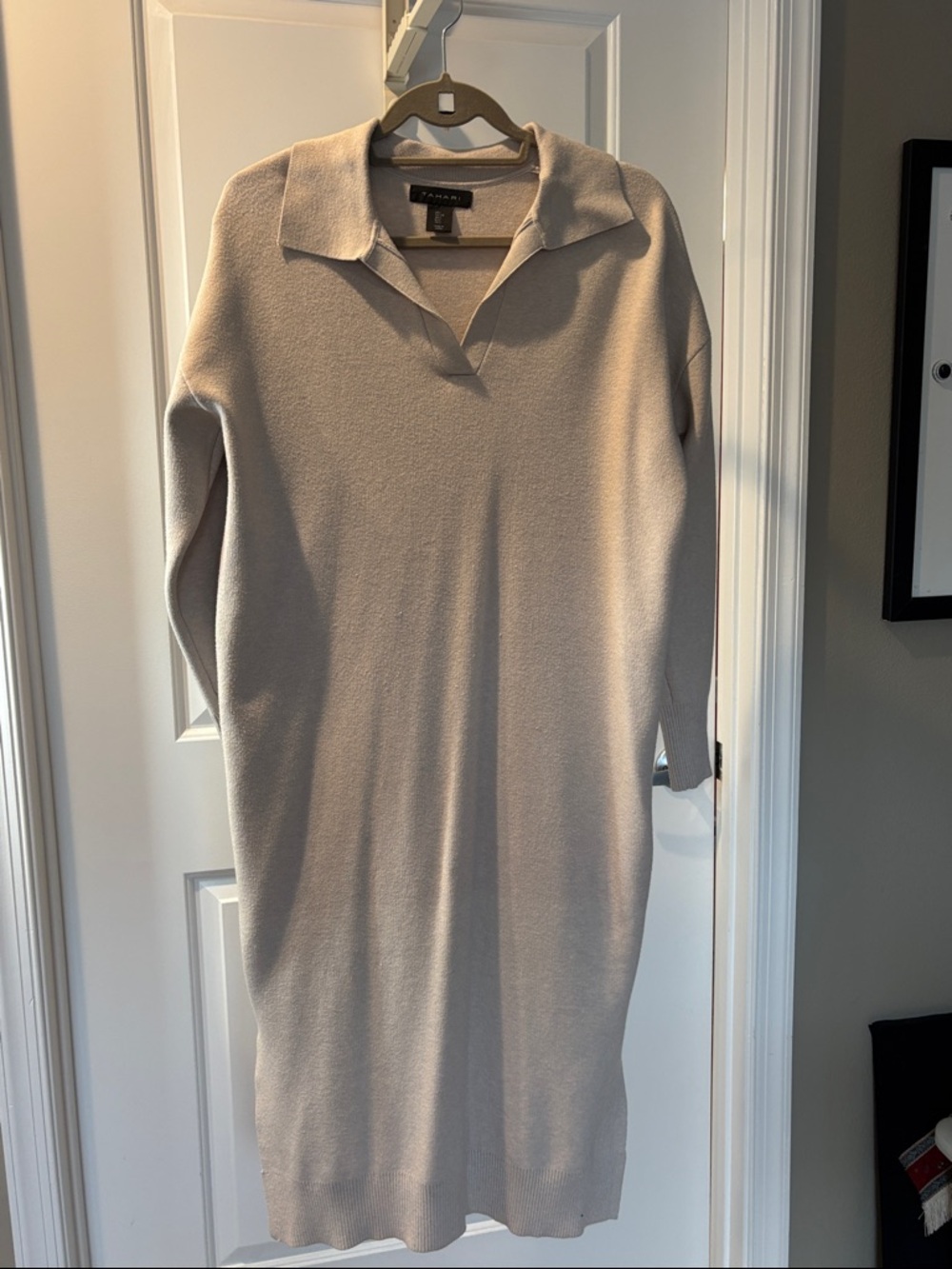 Tahari Beige Collared Knit Midi Dress